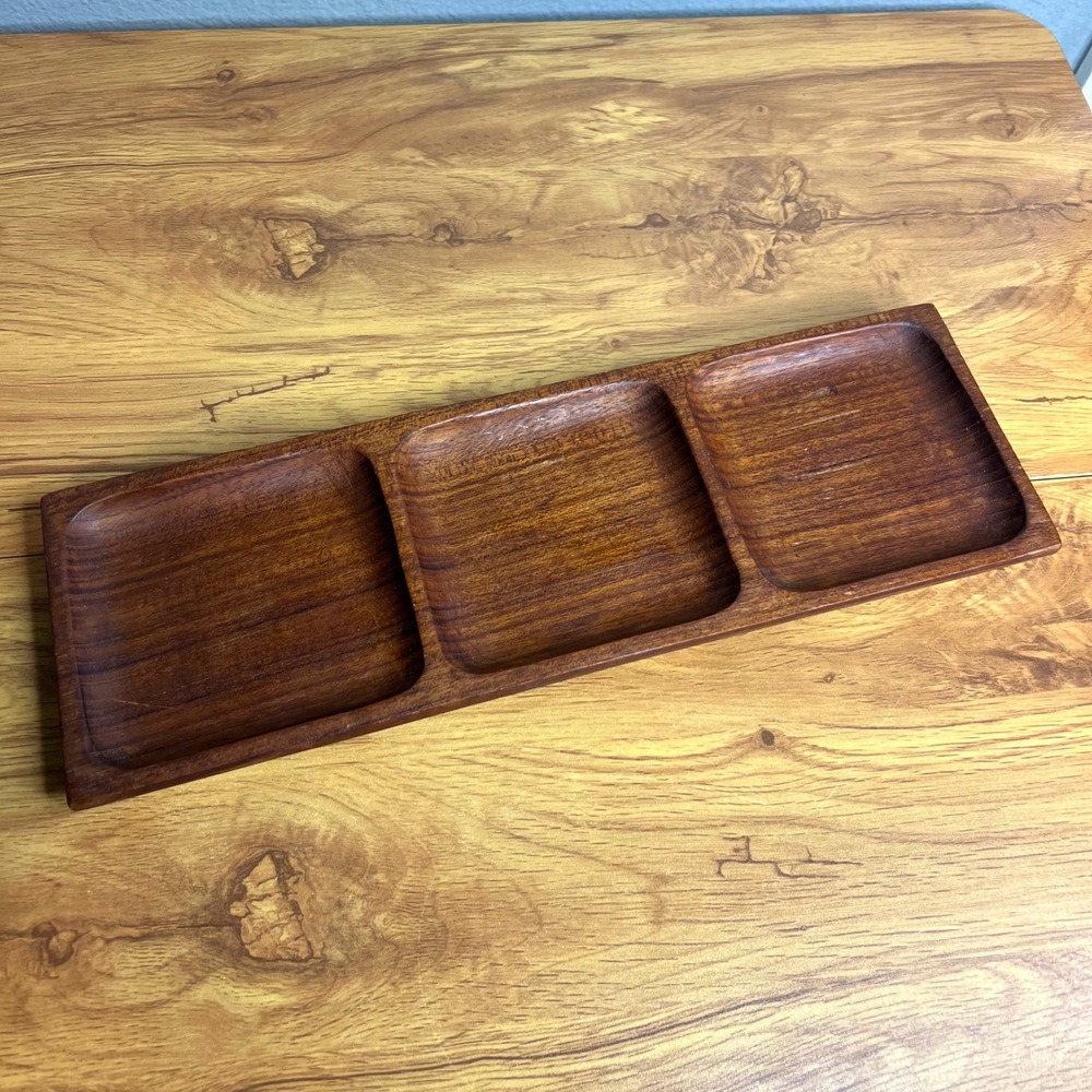 VintagTeak Wood Trinket Tray Serving Dish 3 Section MCM‎ Appetizer Dish Boho